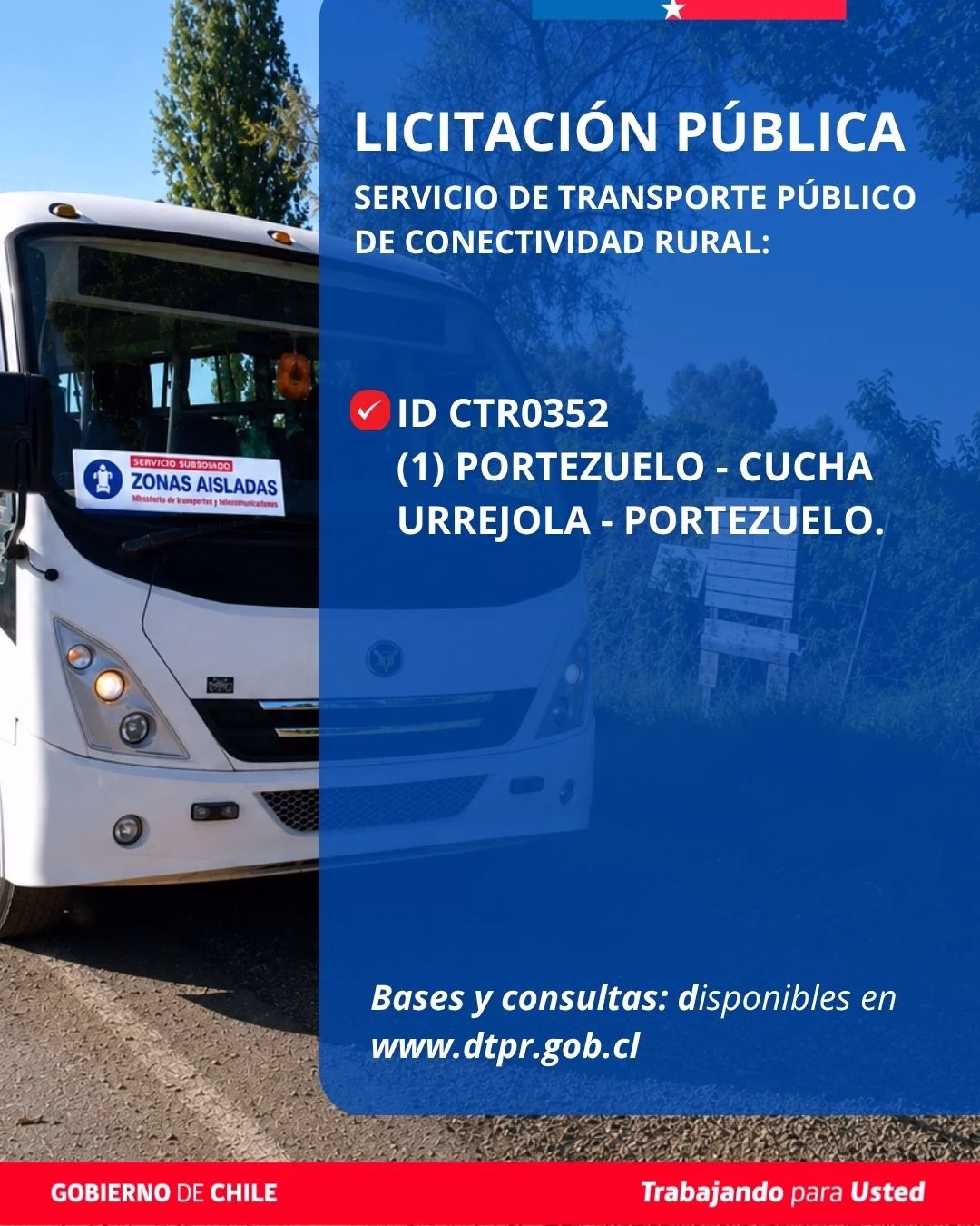 Transportes abre licitación para nuevo servicio de transporte rural subsidiado en Portezuelo